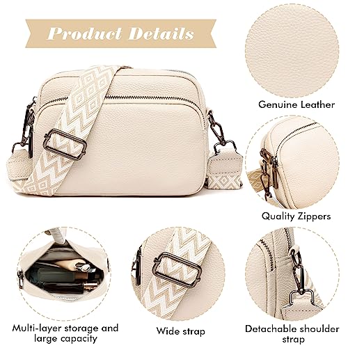 Beige Leather Crossbody Camera Bag for Women