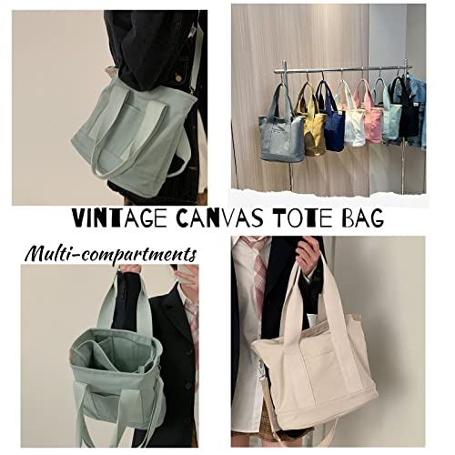 Large Beige Canvas Tote Bag with Multi-Pockets