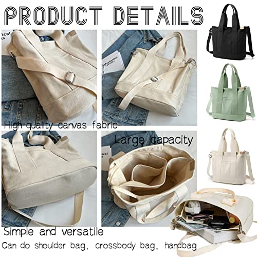 Large Beige Canvas Tote Bag with Multi-Pockets