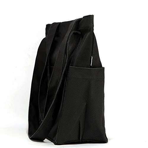 Black designer handbag with exterior pockets, XL durable