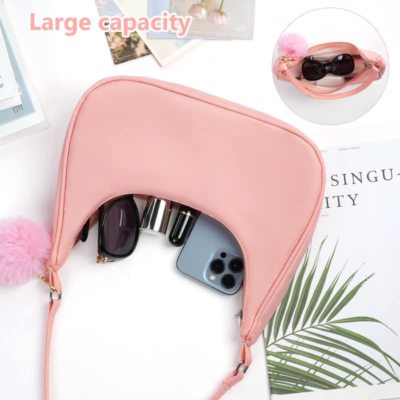 Nylon Y2k Shoulder Bags with Pom Pom Keychain