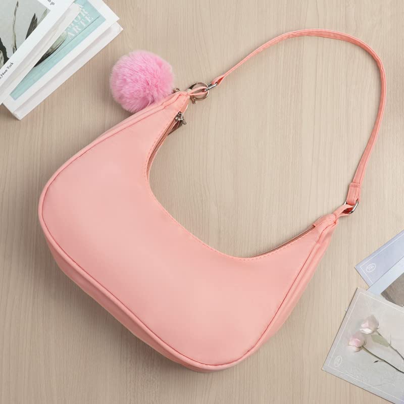 Nylon Y2k Shoulder Bags with Pom Pom Keychain