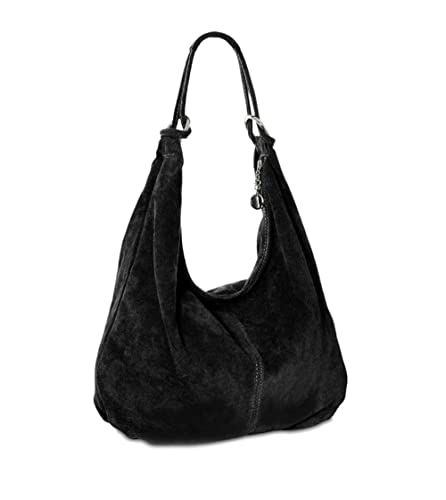Italian Suede Slouch Shopper Tote Handbag (Black)