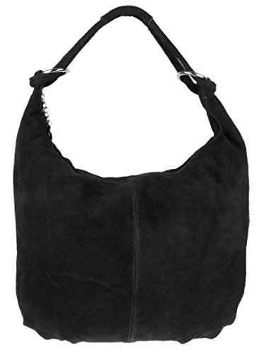 Italian Leather & Suede Black Girly Hobo Handbag