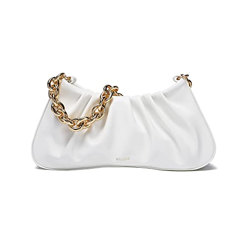 JOLLQUE White Leather Knödel Clutch with Gold Chain