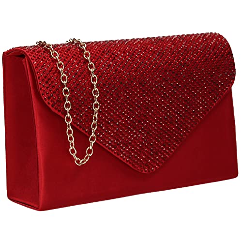 SwankySwans Jodie Red Satin Diamante Clutch Bag