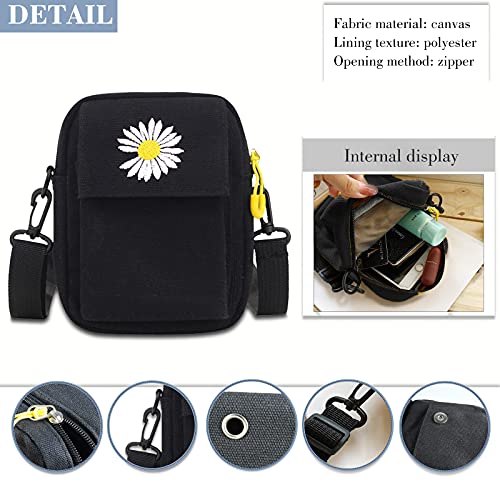 FuninCrea Canvas Messenger Bag, Cute Canvas Bag with Zipper, Mobile Phone Canvas Storage Bag with Adjustable Strap and Daisy Pattern, Small Canvas Shoulder Bag for Key (black)