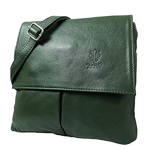 LeahWard Double Pocket Leather Messenger Handbag (Dark Green)