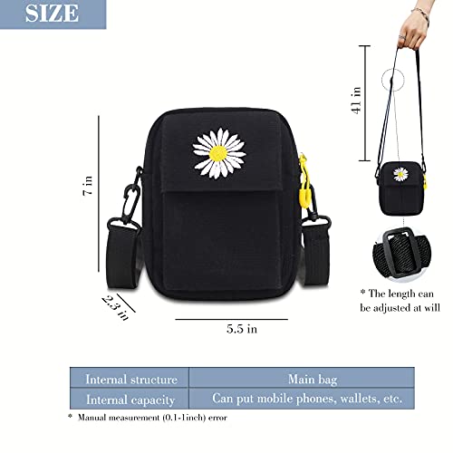 FuninCrea Canvas Messenger Bag, Cute Canvas Bag with Zipper, Mobile Phone Canvas Storage Bag with Adjustable Strap and Daisy Pattern, Small Canvas Shoulder Bag for Key (black)
