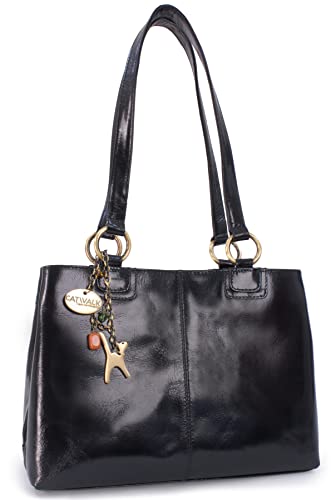 Vintage Leather Tote/Shoulder Bag for Women - Black