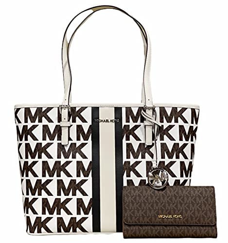Michael Kors White Striped Carryall Tote with Brown Wallet