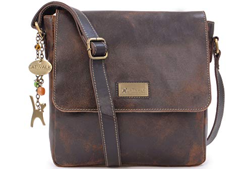 Catwalk Collection Ladies Medium Leather Messenger Bag - Brown