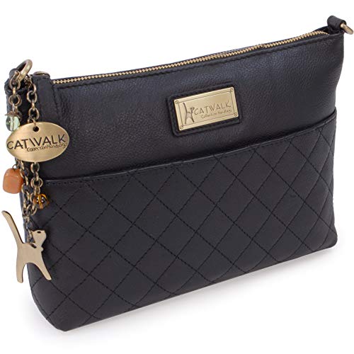 Designer Quilted Leather Cross Body Handbag - Black