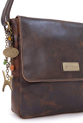 Catwalk Collection Ladies Medium Leather Messenger Bag - Brown