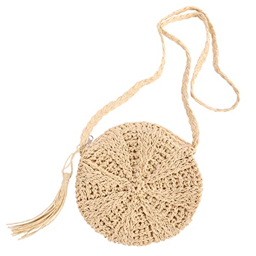 Boho Round Straw Shoulder Bag with Tassel, Handmade