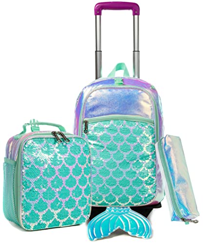 Girls Mermaid Sequin Rolling Backpack with Lunch Box
