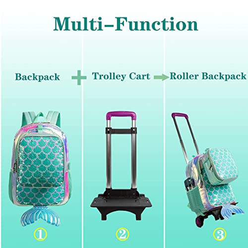 Girls Mermaid Sequin Rolling Backpack with Lunch Box