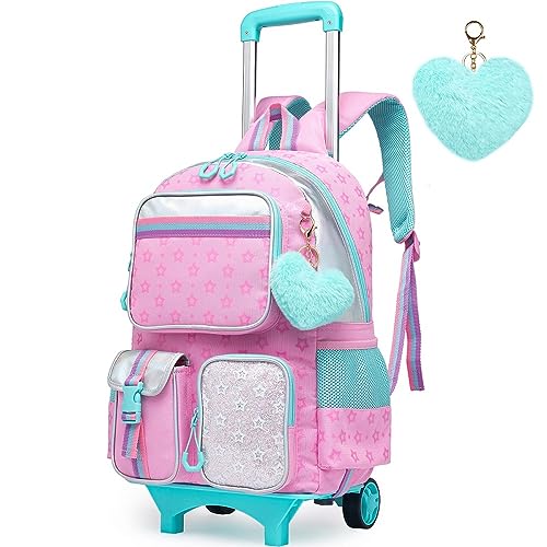 Kawaii Rolling Backpack for Girls, Pink