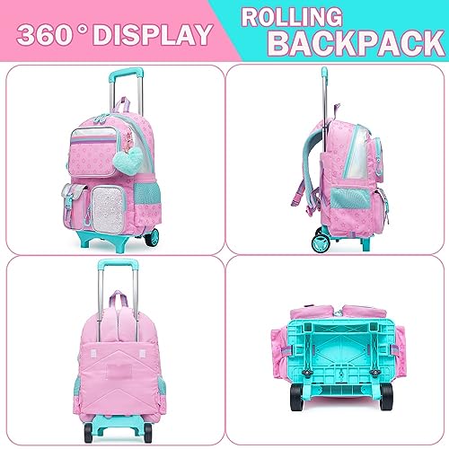 Kawaii Rolling Backpack for Girls, Pink