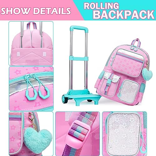 Kawaii Rolling Backpack for Girls, Pink