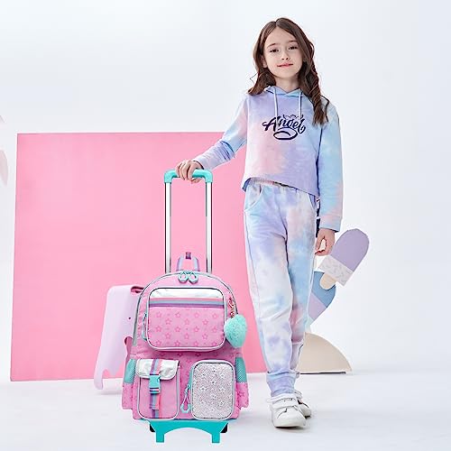 Kawaii Rolling Backpack for Girls, Pink