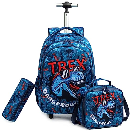 Kids Dinosaur Rolling Backpack for Boys - Blue