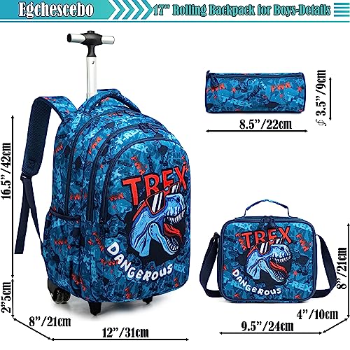Kids Dinosaur Rolling Backpack for Boys - Blue