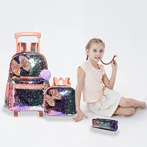 Girls Sequin Rolling Duffle Bag with Bow Tie