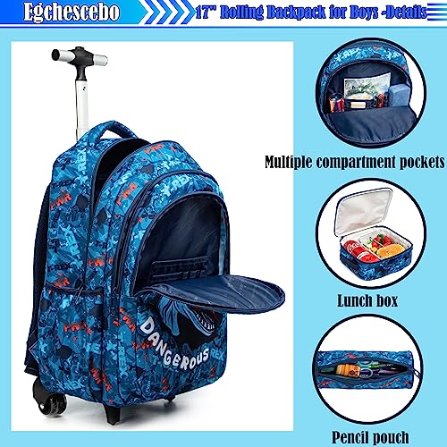 Kids Dinosaur Rolling Backpack for Boys - Blue