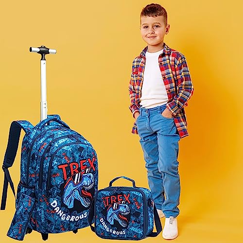 Kids Dinosaur Rolling Backpack for Boys - Blue