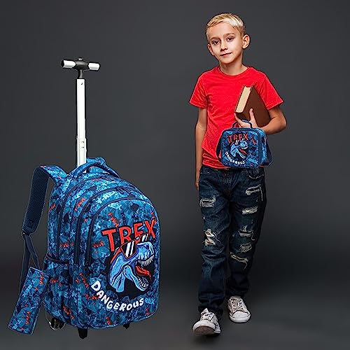 Kids Dinosaur Rolling Backpack for Boys - Blue