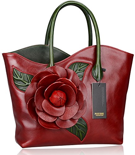 PIJUSHI Designer Flower Satchel in Red Leather Handbag