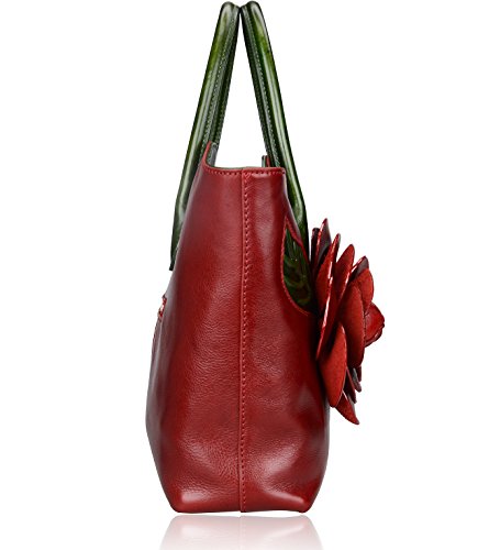 PIJUSHI Designer Flower Satchel in Red Leather Handbag