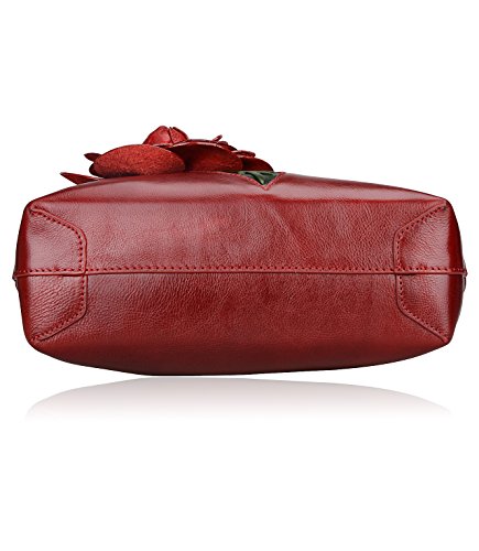 PIJUSHI Designer Flower Satchel in Red Leather Handbag