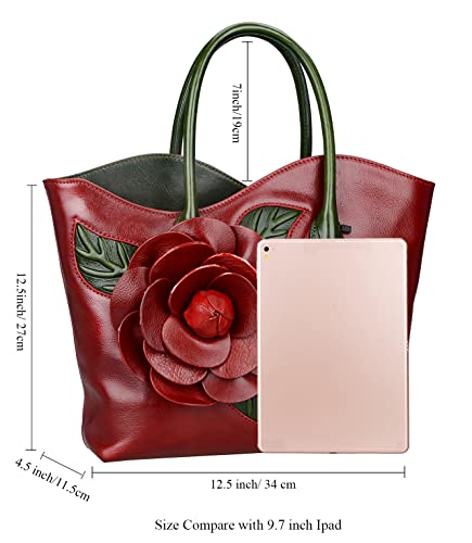 PIJUSHI Designer Flower Satchel in Red Leather Handbag