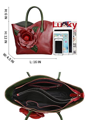 PIJUSHI Designer Flower Satchel in Red Leather Handbag