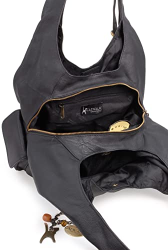 Catwalk Collection Handbags: Women's Large Leather Shoulder Bag in Black