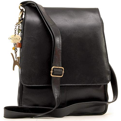Catwalk Collection Women's Black Leather Cross Body Messenger Bag