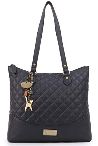 Catwalk Collection Quilted Leather Tote/Shoulder Bag - BLACK