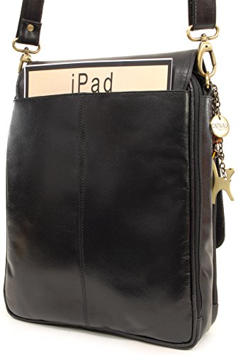 Catwalk Collection Women's Black Leather Cross Body Messenger Bag