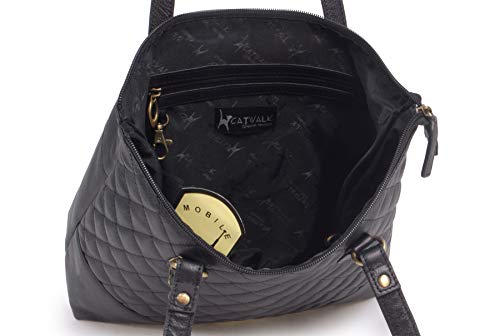 Catwalk Collection Quilted Leather Tote/Shoulder Bag - BLACK