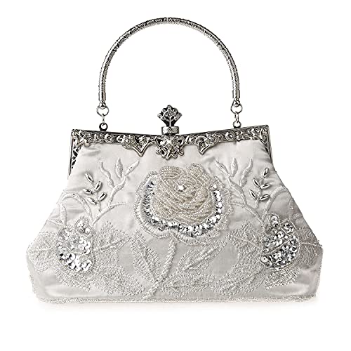 Silver Floral Beaded Rhinestone Clutch for Wedding & Prom