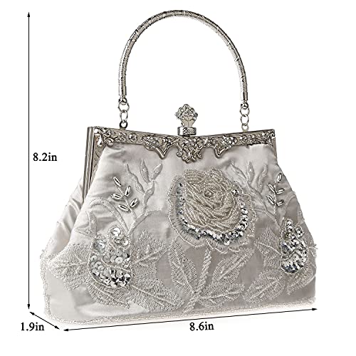 Silver Floral Beaded Rhinestone Clutch for Wedding & Prom