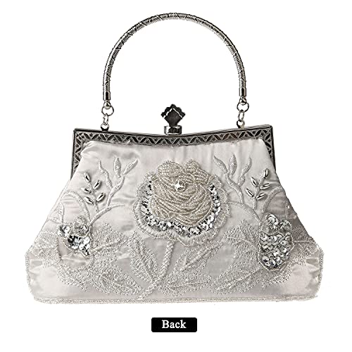 Silver Floral Beaded Rhinestone Clutch for Wedding & Prom