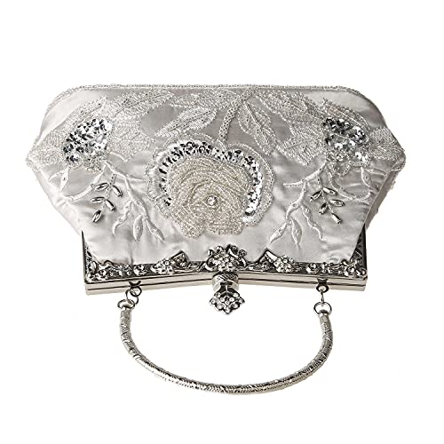 Silver Floral Beaded Rhinestone Clutch for Wedding & Prom