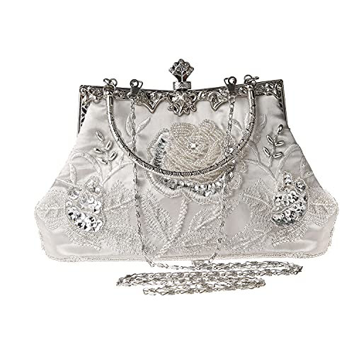 Silver Floral Beaded Rhinestone Clutch for Wedding & Prom
