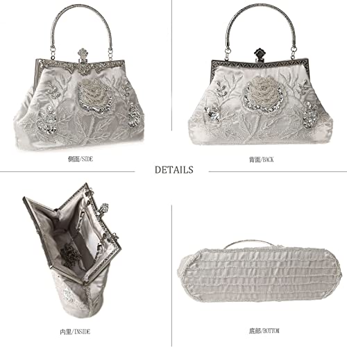 Silver Floral Beaded Rhinestone Clutch for Wedding & Prom