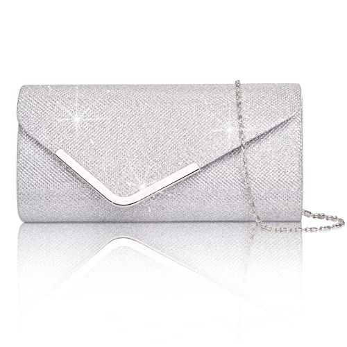 Women's Shiny Sequin Evening Clutch, Detachable Chain, Silver