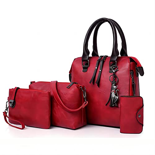Haipky Vintage Tassel Handbag, Red 4-Piece Set
