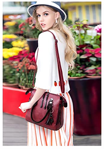 Haipky Vintage Tassel Handbag, Red 4-Piece Set